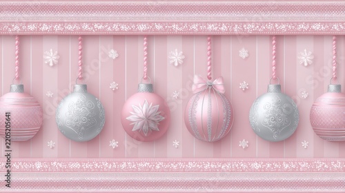 Pink and silver Christmas ornaments on decorative background