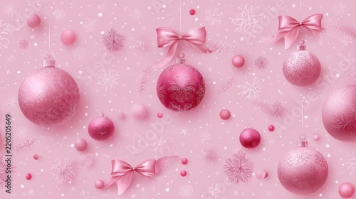 Pink Christmas ornaments with bows and snowflakes