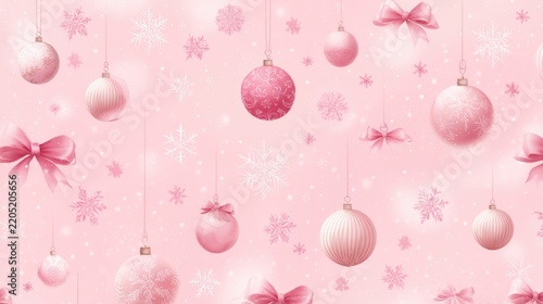 Pink Christmas ornaments and snowflakes background