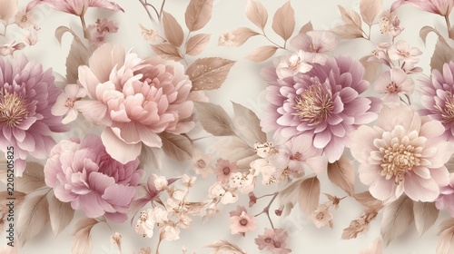 Elegant floral pattern with pastel peonies and leaves
