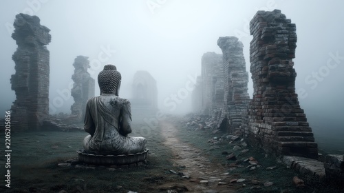 Buddha statue among ancient ruins in misty landscape