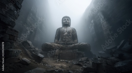 Ancient Buddha statue in misty stone temple ruins