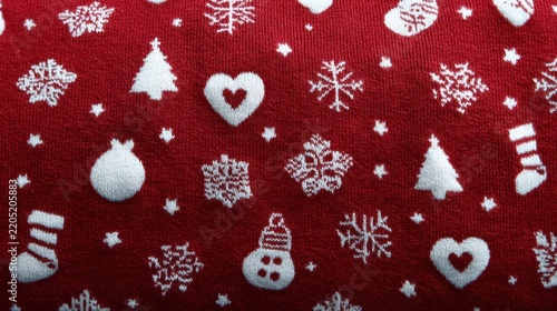Red knitted fabric with white Christmas patterns
