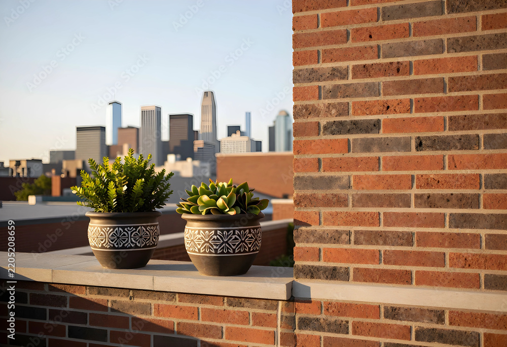 Fototapeta premium Urban lifestyle and city living, potted plants on a rooftop terrace with a skyline view of skyscrapers at sunset for modern architecture and real estate