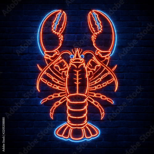 Bright red and blue neon lobster sign mounted on a dark brick wall