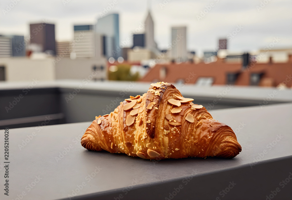Fototapeta premium Urban breakfast and city lifestyle, almond croissant on a rooftop terrace with blurred metropolitan skyline background for travel and culinary concepts