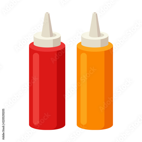 Red ketchup and yellow mustard squeeze plastic bottles for fast food seasoning and condiment