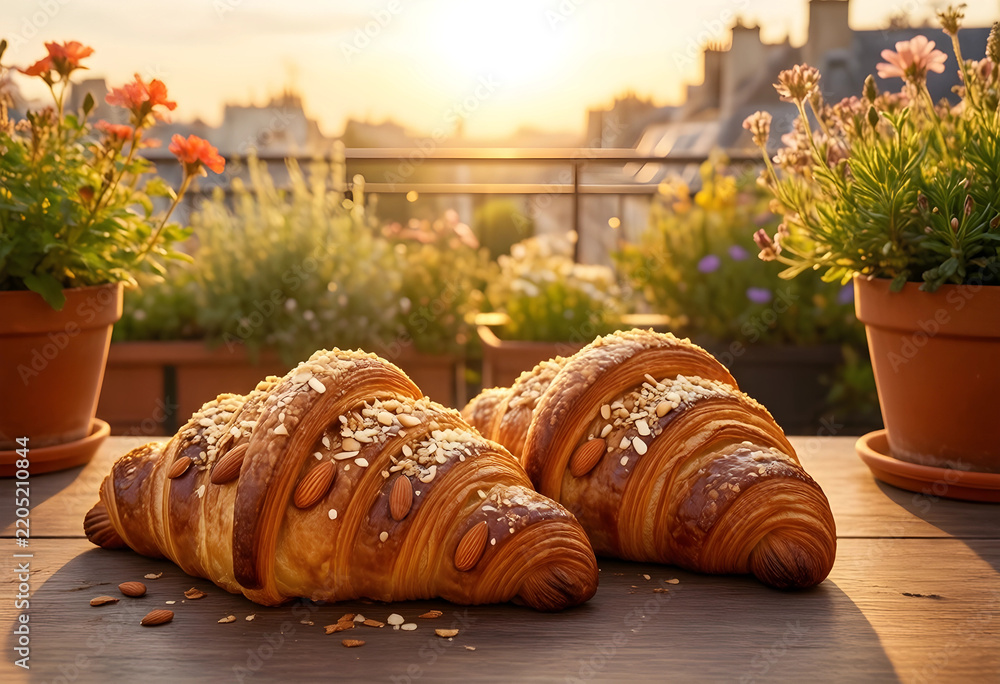 Fototapeta premium Breakfast and morning routine, fresh almond croissants on a wooden table with flowers on a balcony at sunrise for a cozy lifestyle and travel