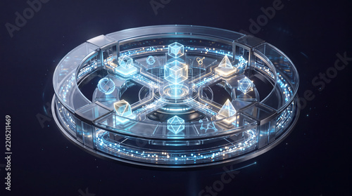 Abstract 3D Sci-Fi Tech Disc Mechanism with Circular Light Particles and Floating Crystal Shapes
