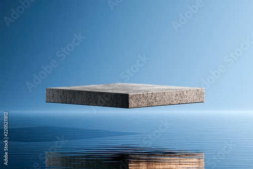 Concrete podium floating over reflective floor in minimalist studio 3d digital illustration for premium product display marketing