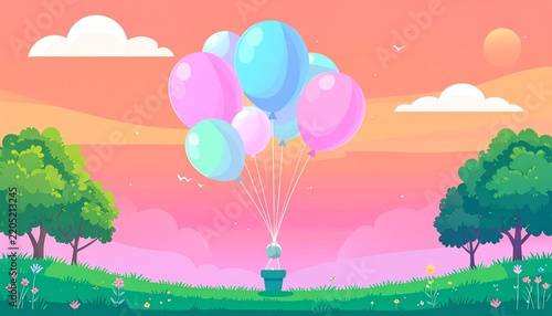 Colorful Pastel Balloons Floating Over a Peaceful Spring Meadow