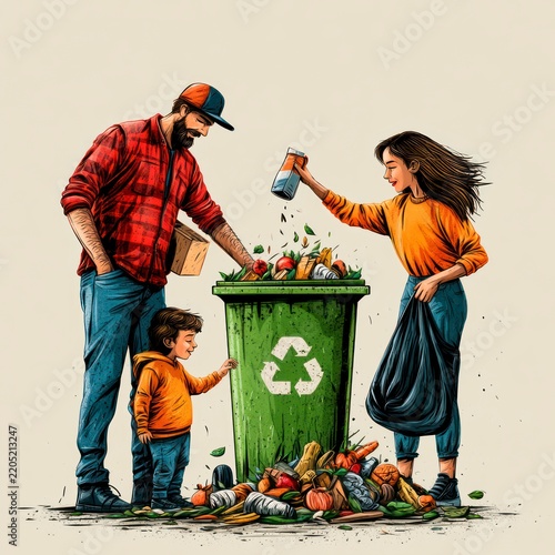 Family recycling household waste sorting organic materials into a green bin with clean studio lighting and sharp focus for environmental sustainability marketing