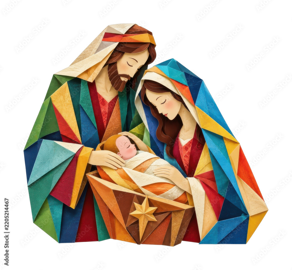 Obraz premium PNG Colorful geometric nativity illustration depicting holy family