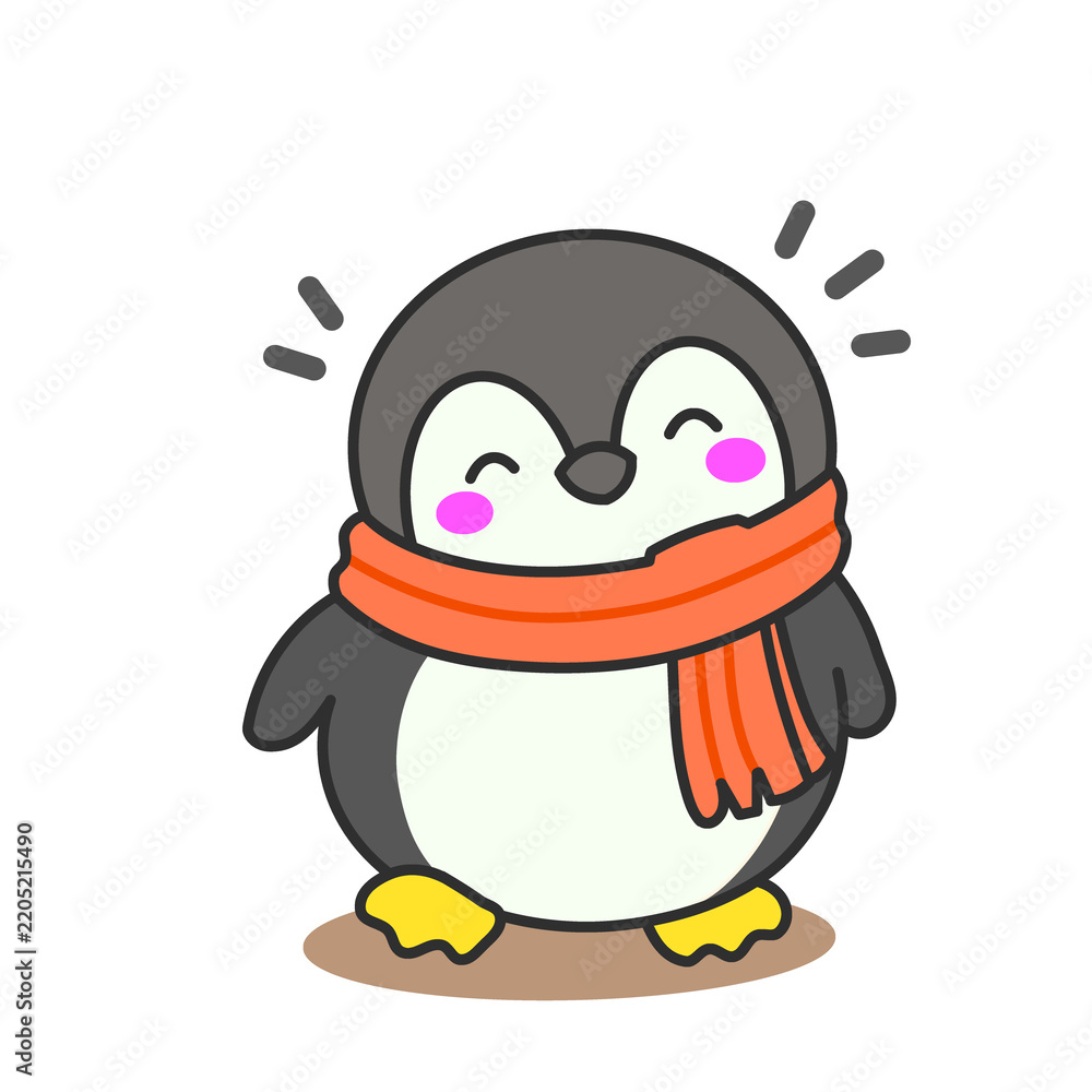 Fototapeta premium Cute penguin wearing an orange winter scarf isolated on white background vector illustration.