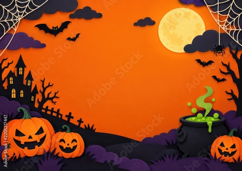A fun Halloween party banner or invitation background featuring a paper-cut style design with clouds, bats, pumpkins, spiders, cobwebs, the moon, and a witch's cauldron. Includes space for text.