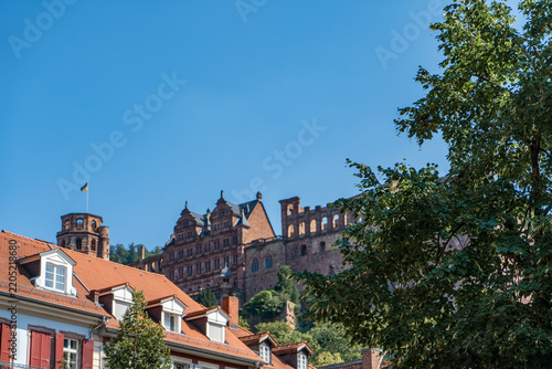 Heidelberg Castle above old town roofs with copy space, Heidelberg, Germany