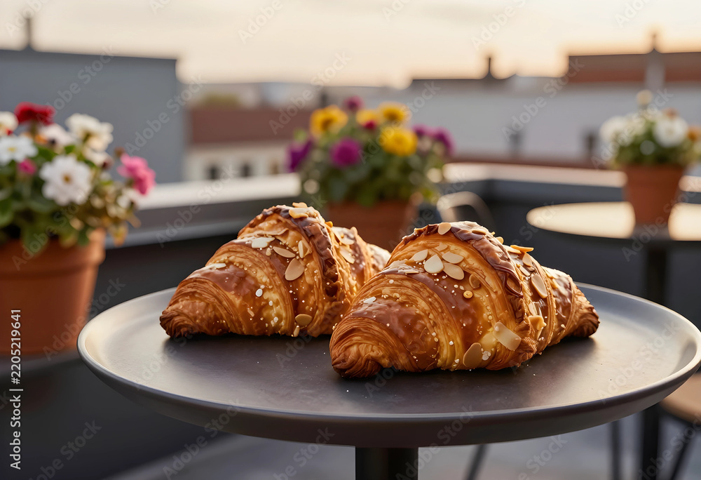 Fototapeta premium Breakfast and brunch lifestyle, fresh almond chocolate croissants served on a terrace table with flowers at sunrise for a luxury morning experience