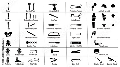 Orthopedic surgery instruments and bone implants icons set
