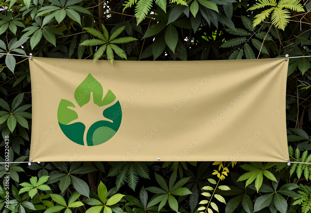 Obraz premium Sustainability and environmental conservation, blank banner with green leaf logo template for eco friendly business branding in lush tropical garden