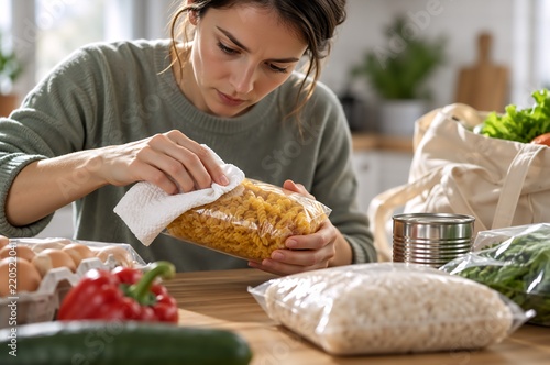 A woman wipes down packages of pasta in a kitchen pantry. Concept of obsessive-compulsive disorder: compulsive checking and a need for order. Raising awareness about mental health and anxiety disorder