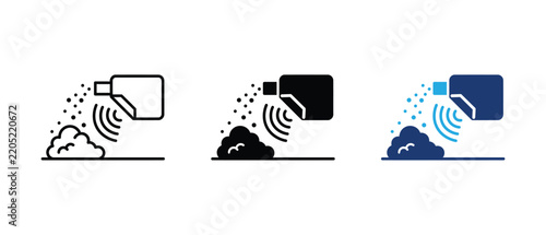 Smart automated fertilizer or chemical dispenser sensor icon set, agriculture precision spraying device linear solid and colored