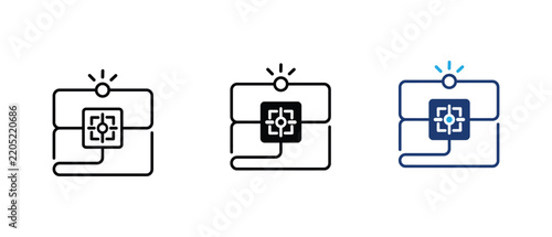 Smart targeting sensor or precision calibration module icon set, automated aiming tracking device linear solid and colored