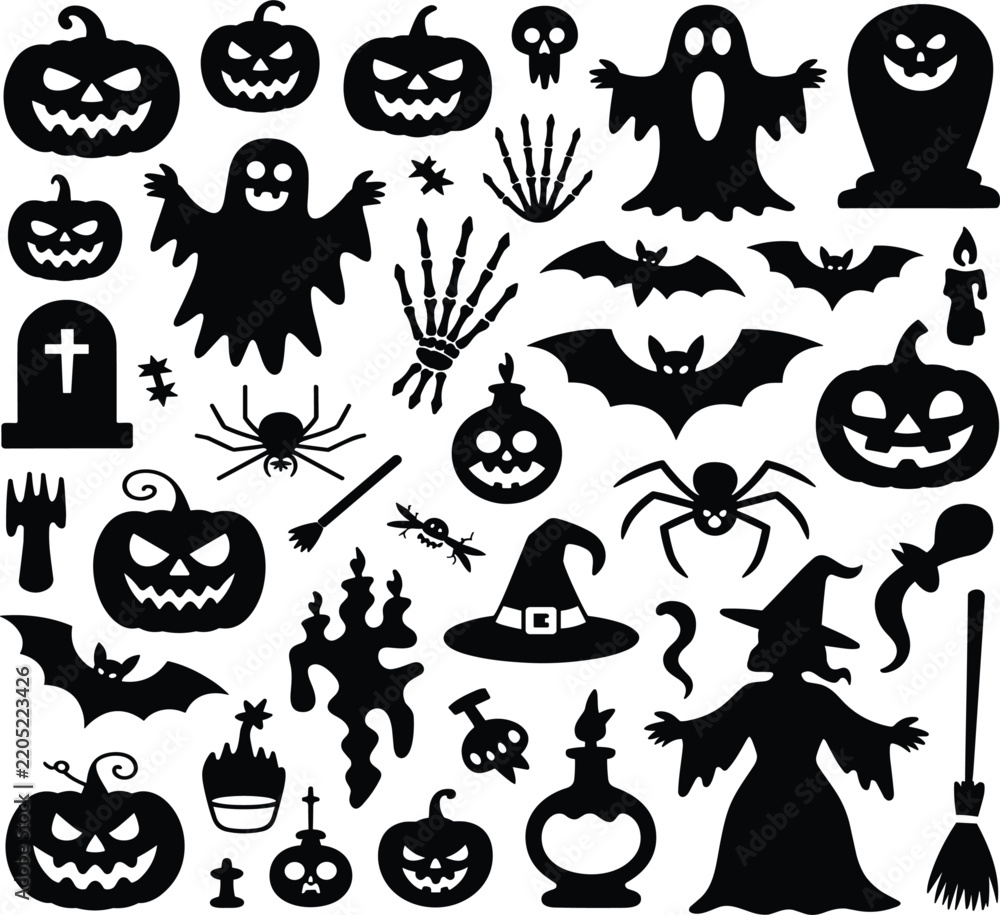 Fototapeta premium Large collection of scary Halloween silhouettes containing floating ghosts bony skeleton hands spooky potion bottles and witch icons