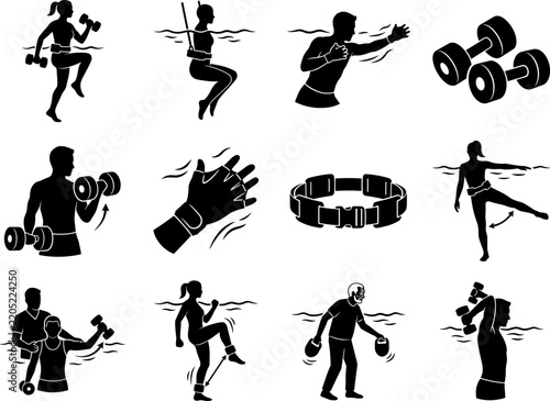 Water aerobics and fitness class with weights and resistance