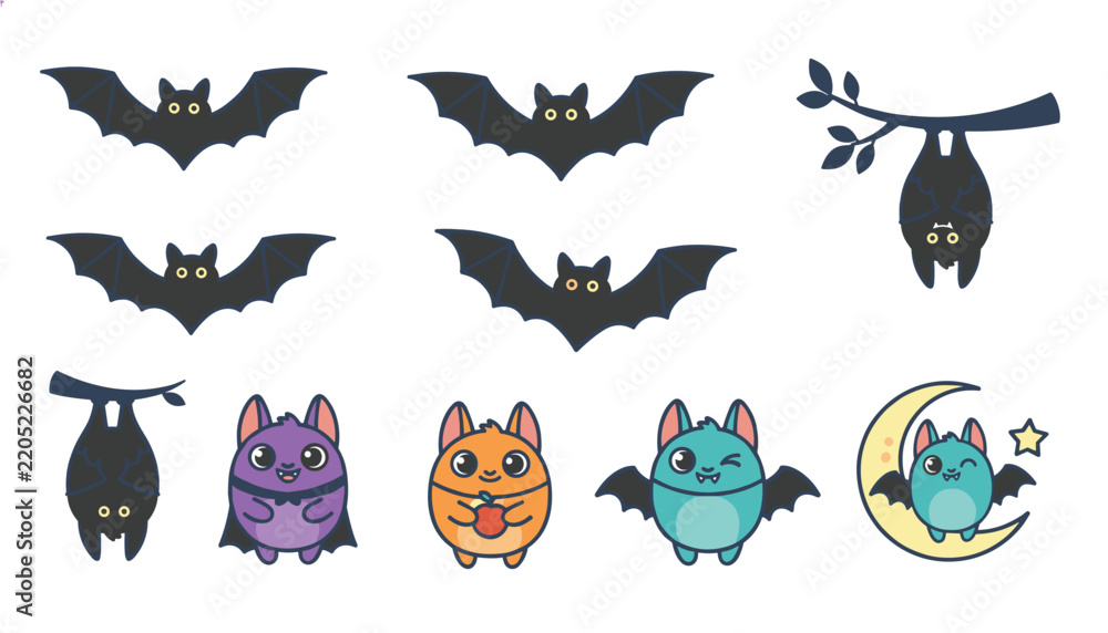 Obraz premium Collection of cute cartoon bats in different poses, flying, hanging upside down, holding an apple, and sitting on a moon.