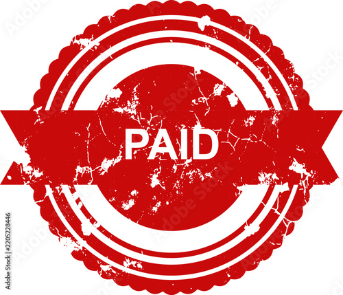 A paid red grunge rubber stamp graphic featuring a ribbon banner and distressed texture isolated on