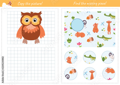 Educational activity worksheet for kids featuring two fun games. Left page includes a grid drawing task Copy the picture with a cute owl for developiRight