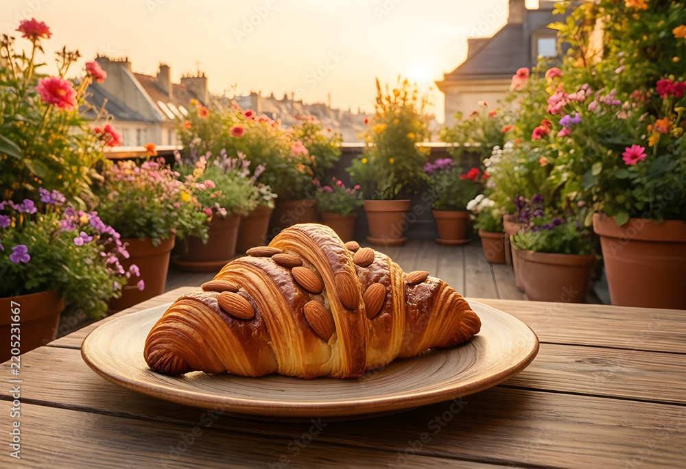 Fototapeta premium Breakfast lifestyle and gourmet pastry, almond croissant on a plate at a terrace garden during golden hour for luxury travel and culinary tourism