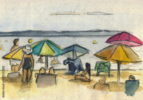 Watercolour and ink painting of a sunny beach with people and sea