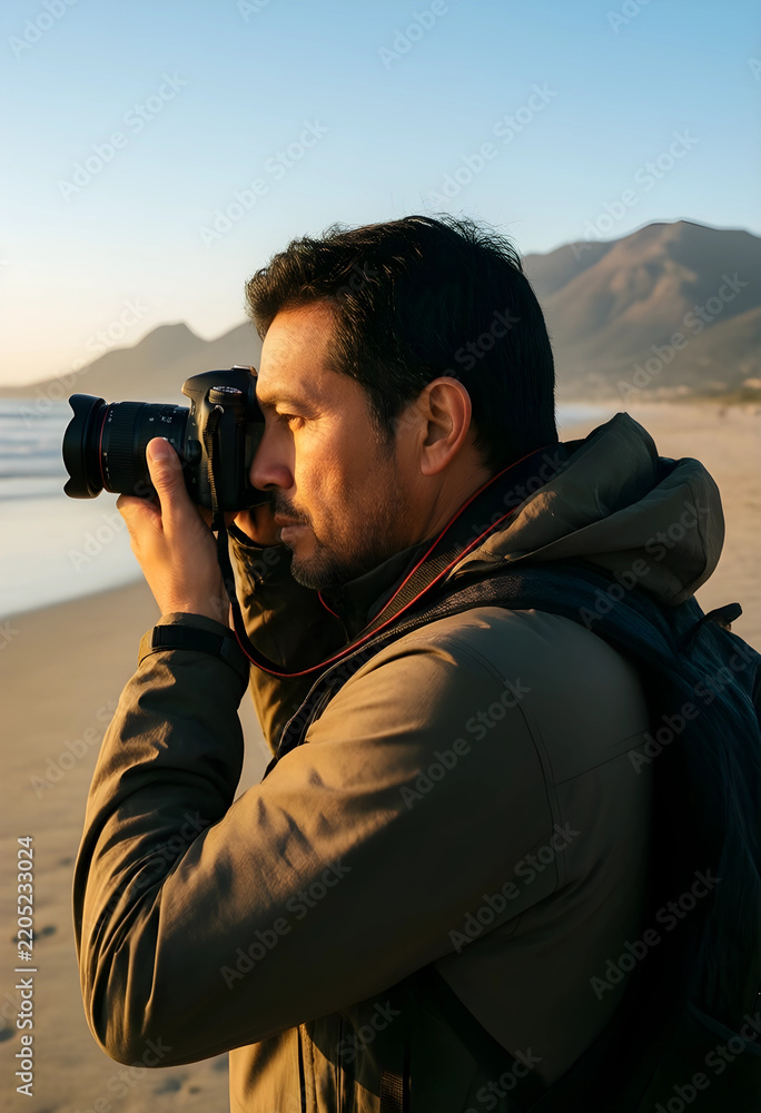 Fototapeta premium Photography hobby and travel lifestyle, man taking pictures with professional camera on beach at sunset with mountain landscape and golden hour light