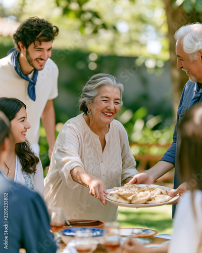 Joyful gathering features woman serving platter of food to group of smiling individuals in lush outdoor setting. scene captures warmth, connection, and joy of sharing meal together