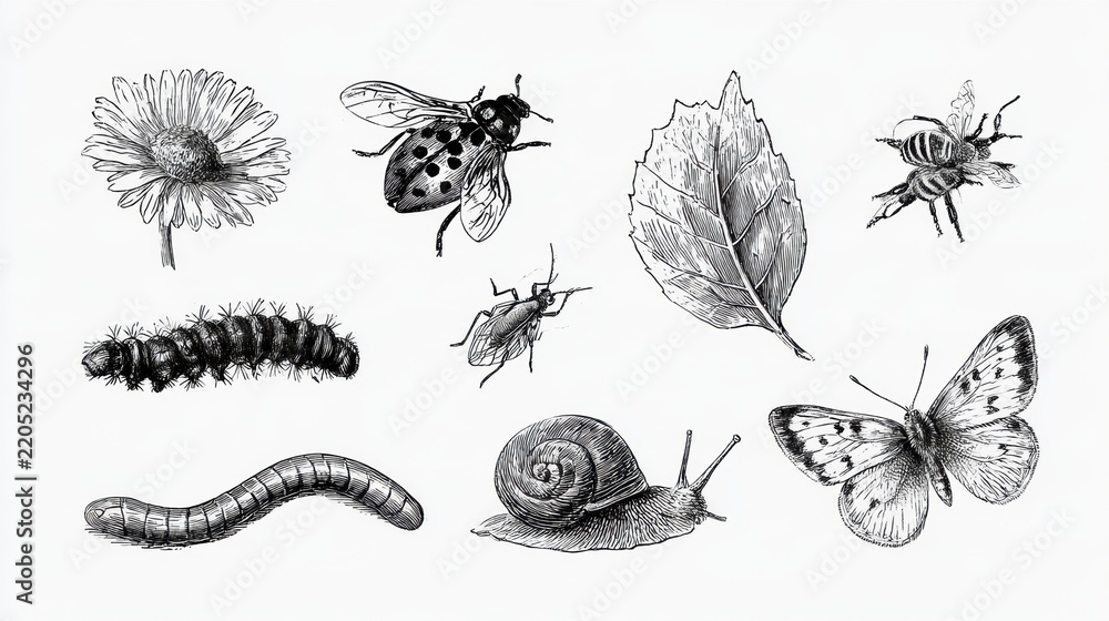 Obraz premium Various garden pests and beneficial insects like ladybugs, bees, caterpillars, and snails in a hand-drawn style.