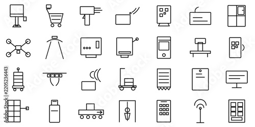Smart Retail and Checkout Sharp Line Icon Set- Self-Checkout Kiosk, Smart Cart, QR Payment, RFID Tag and Delivery Drone for Retail Technology Design