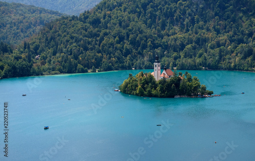 Aerial view of the church on the Lake in Bled, Slovenia