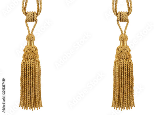 Two elegant gold curtain tassels isolated on with gold tassel, gold as isolated on transparent background
