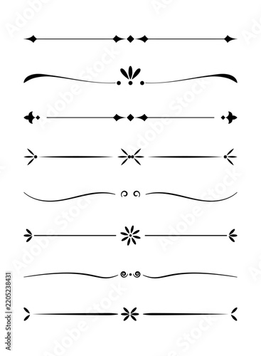 Set calligraphic text dividers and ornamental accents for editorial design, layout typography, stationery. Black decorative line breaks and borders vector pack.