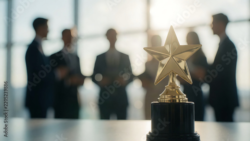 Golden star award trophy in focus with blurred business team in the background