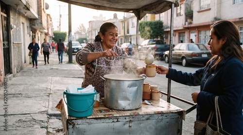 Woman serving atole at street stand