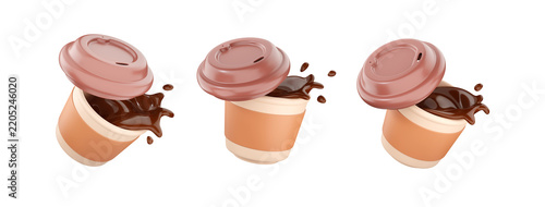 3D coffee cup icon with cute cartoon design in cozy mug. Hot cafe render featuring espresso beverage on white background, perfect for breakfast menu or coffee shop branding elements.