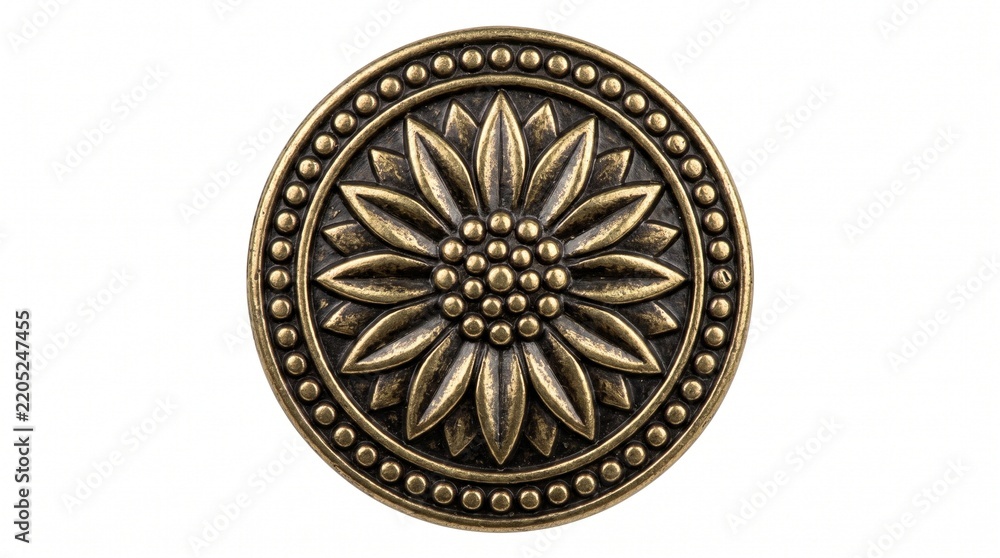 Obraz premium Ornate brass decorative button with floral sunflower motif isolated on white