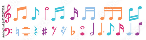 Color Set of all music notes symbols on transparent background, flat design vector illustration