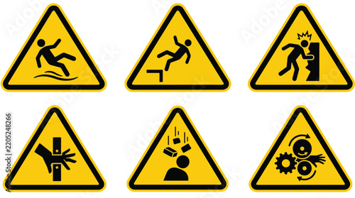 Set of yellow triangular industrial warning and safety hazard icons.