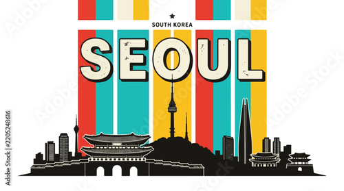 Colorful Seoul skyline illustration with landmarks, retro stripes and modern icons.