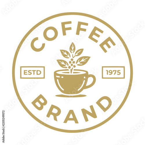 Round coffee brand logo with a cup and plant leaves for a coffee shop or cafe business Vector