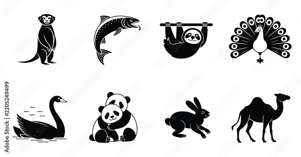 Obraz premium Collection of black and white animal silhouettes featuring a meerkat, fish, sloth, peacock, swan, panda pair, rabbit, and camel isolated on a white background