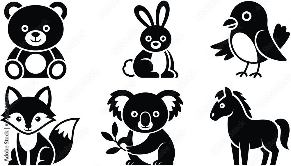 Obraz premium Collection of cute black and white animal silhouettes featuring a teddy bear, a rabbit, a small bird, a fox, a koala holding a leaf, and a horse, isolated on a white background